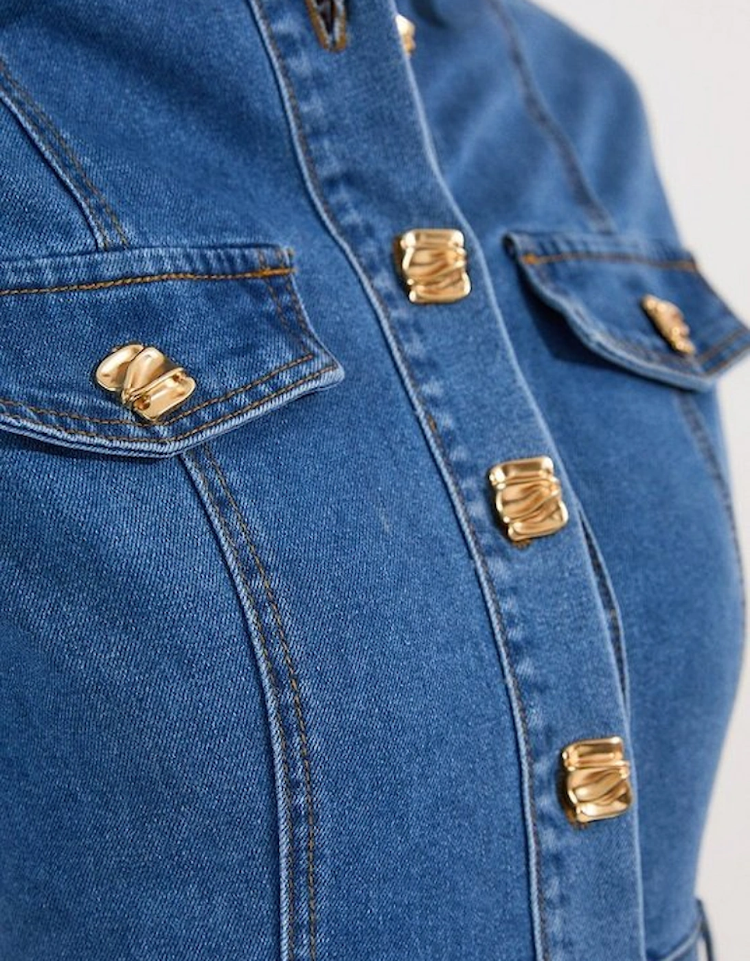 Denim Button Front Short Sleeve Pencil Midi Dress