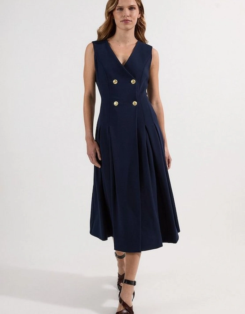 Compact Stretch Sleeveless Full Skirted Button Front Tailored Midi Dress