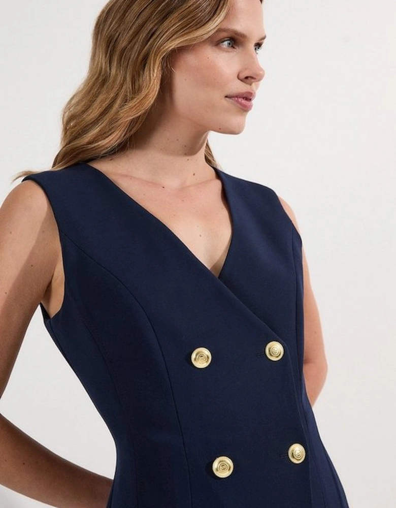 Compact Stretch Sleeveless Full Skirted Button Front Tailored Midi Dress