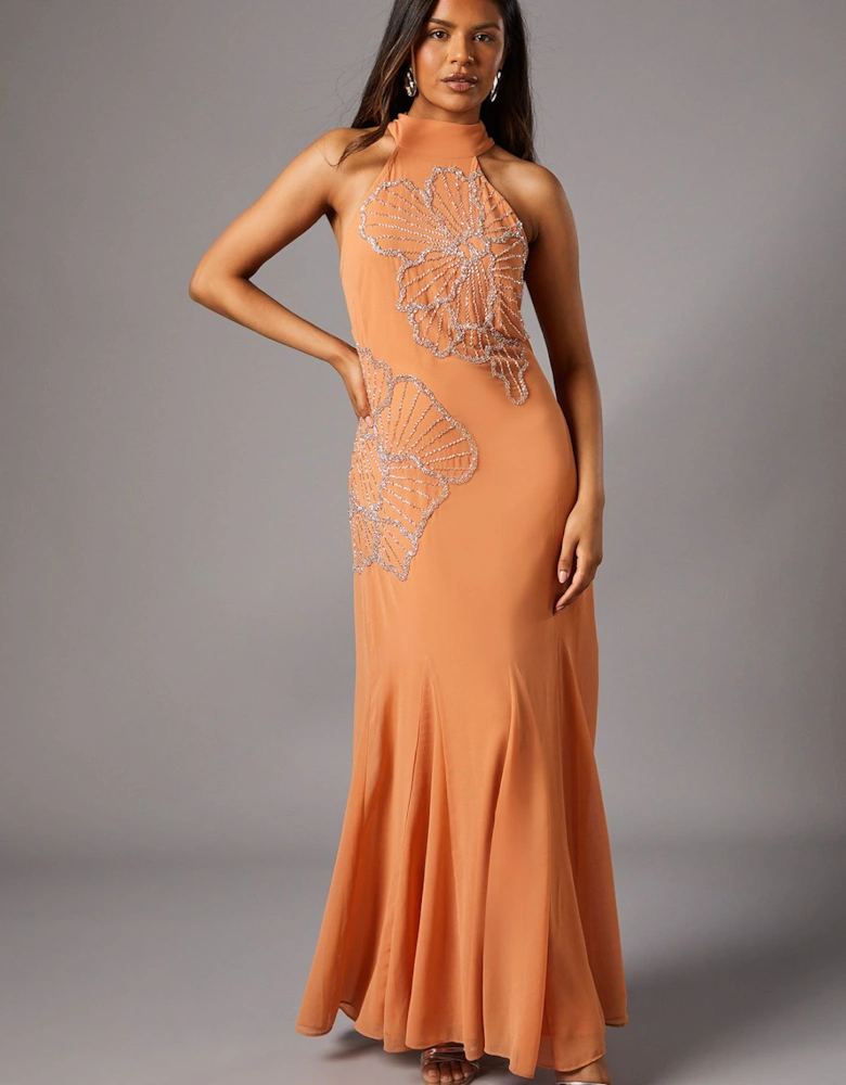 Petite Embellished Maxi Dress With Godet Pleats