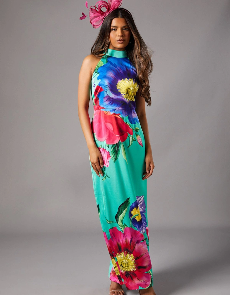 Petite Tie Neck Satin Maxi Dress