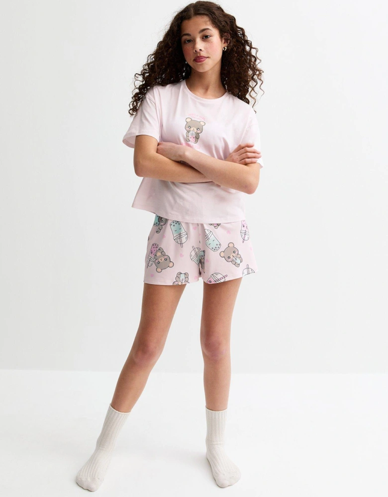 Girls Teddy Bubble Tea Print Pyjama Set - Light Pink
