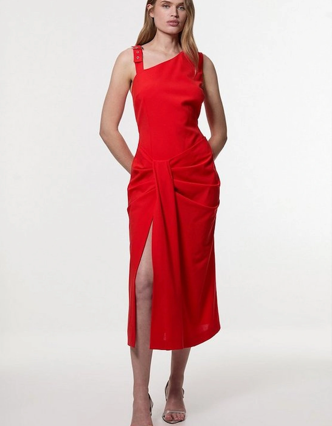 Petite Tailored Asymmetric Neck Strappy Detail Dress, 4 of 3