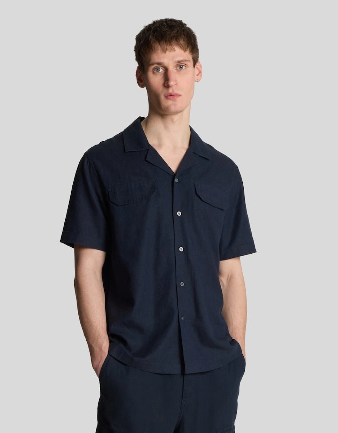 Lyle And Scott Men's Navy Linen Blend Revere Shirt  40/Regular L