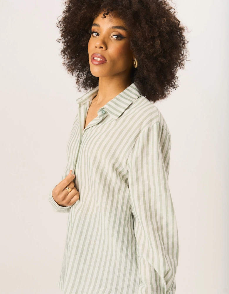 Sage Green Linen Oversized Stripe Shirt