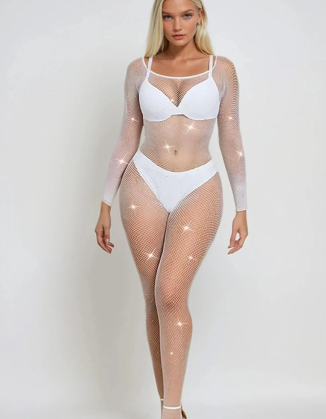 YX885 Fishnet Sparkly Bodystocking Women - White Other, 4 of 3