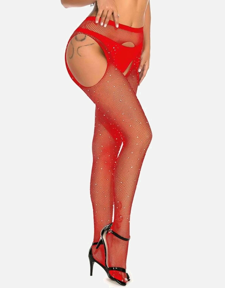 Fishnet hosiery crotchless Crotchless by Women - Red Tights