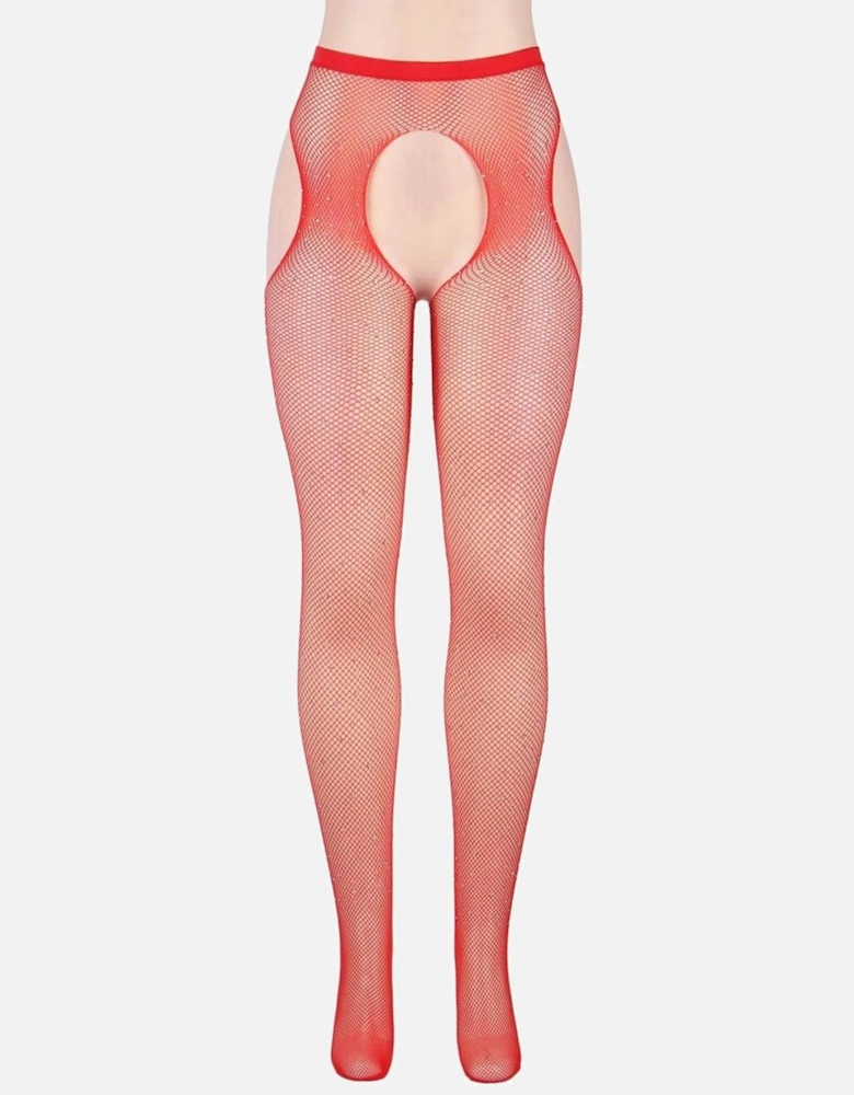 Fishnet hosiery crotchless Crotchless by Women - Red Tights