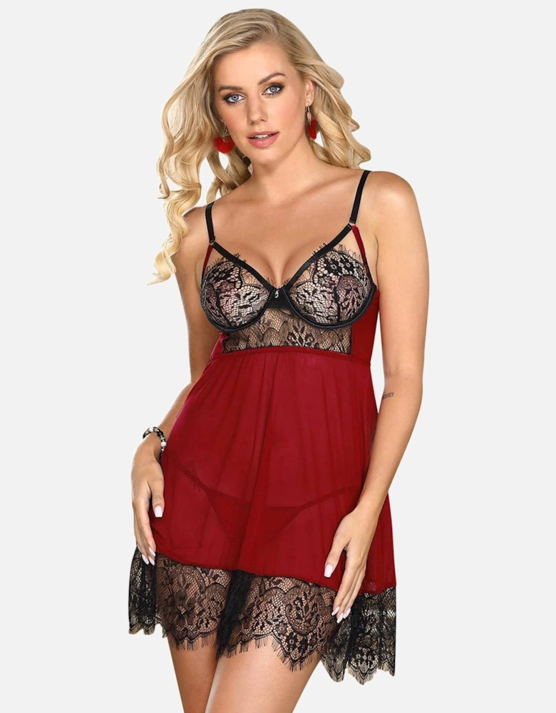 Romantic Babydoll Lace Satin by Women - Blackred