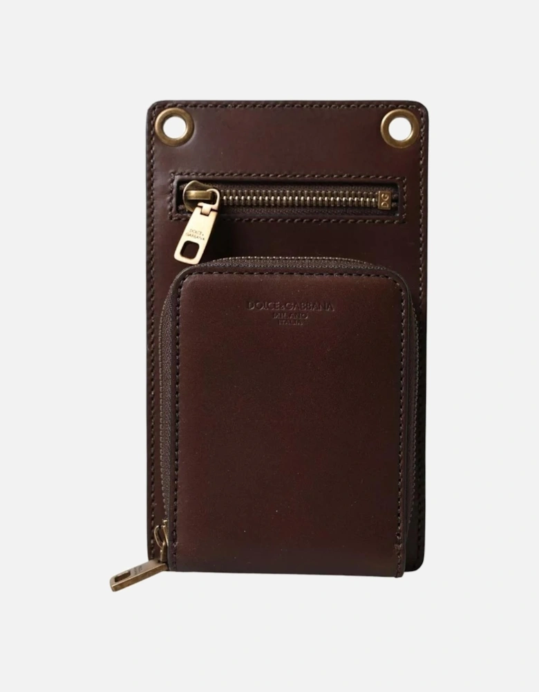 Leather Wallet with Logo Embossed Patch and Zip Women - Brown