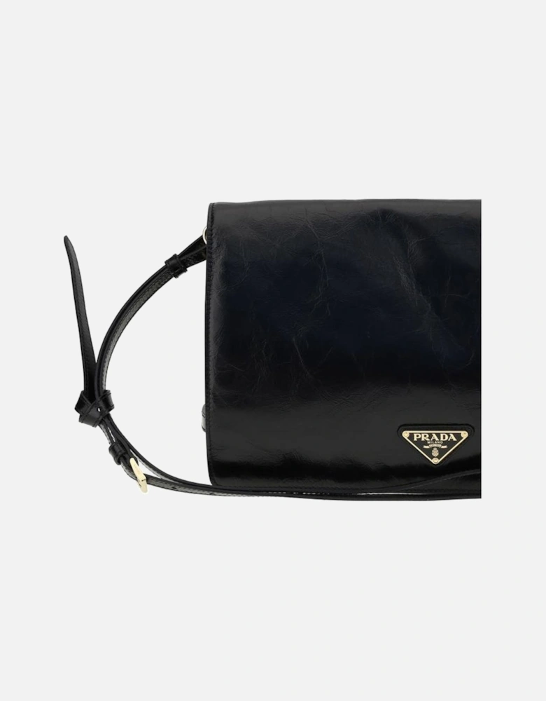Crinkle Effect Leather Shoulder Bag with Magnetic Flap Women - Black