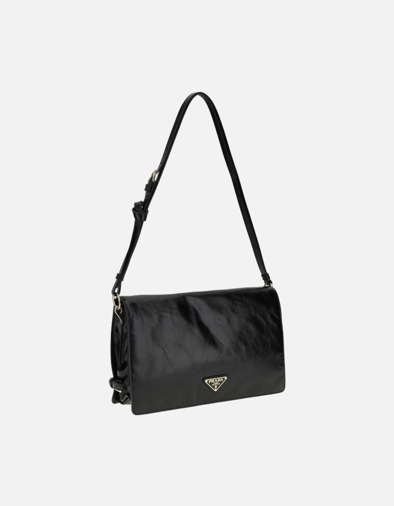 Crinkle Effect Leather Shoulder Bag with Magnetic Flap Women - Black