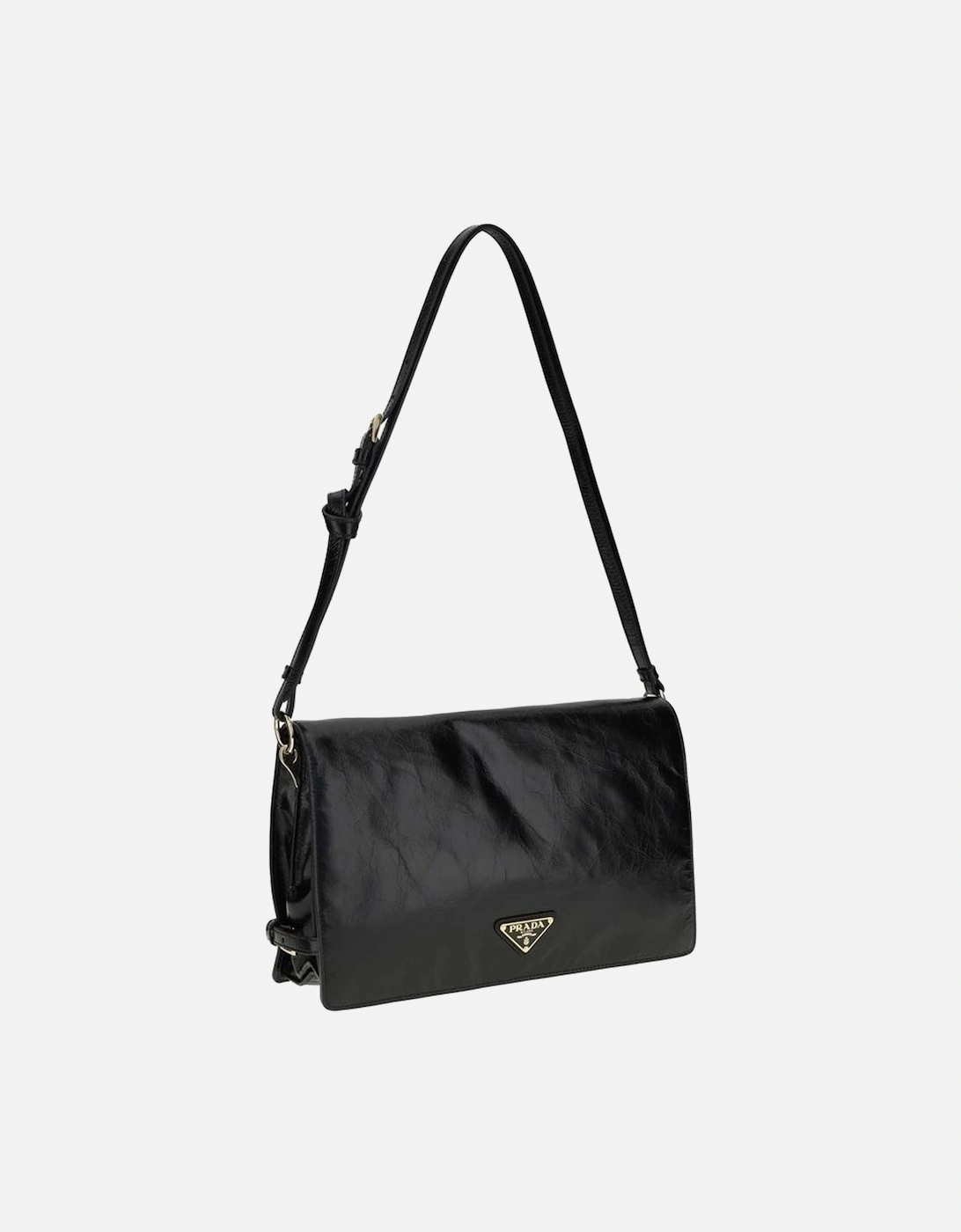 Crinkle Effect Leather Shoulder Bag with Magnetic Flap Women - Black