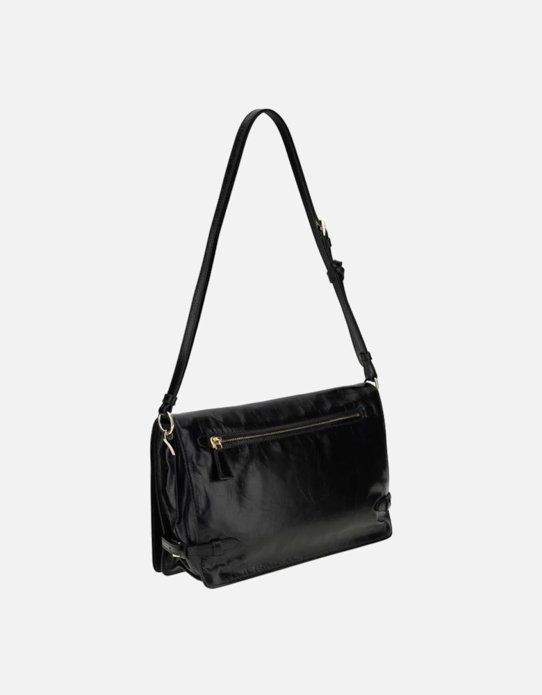 Crinkle Effect Leather Shoulder Bag with Magnetic Flap Women - Black