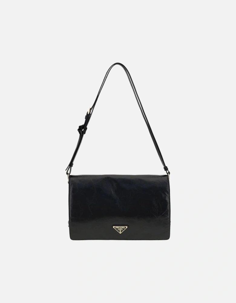 Crinkle Effect Leather Shoulder Bag with Magnetic Flap Women - Black