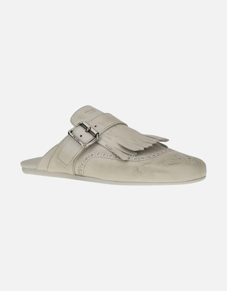 Leather Mules with Buckle and Fringed Detail Women - Gray Sandals