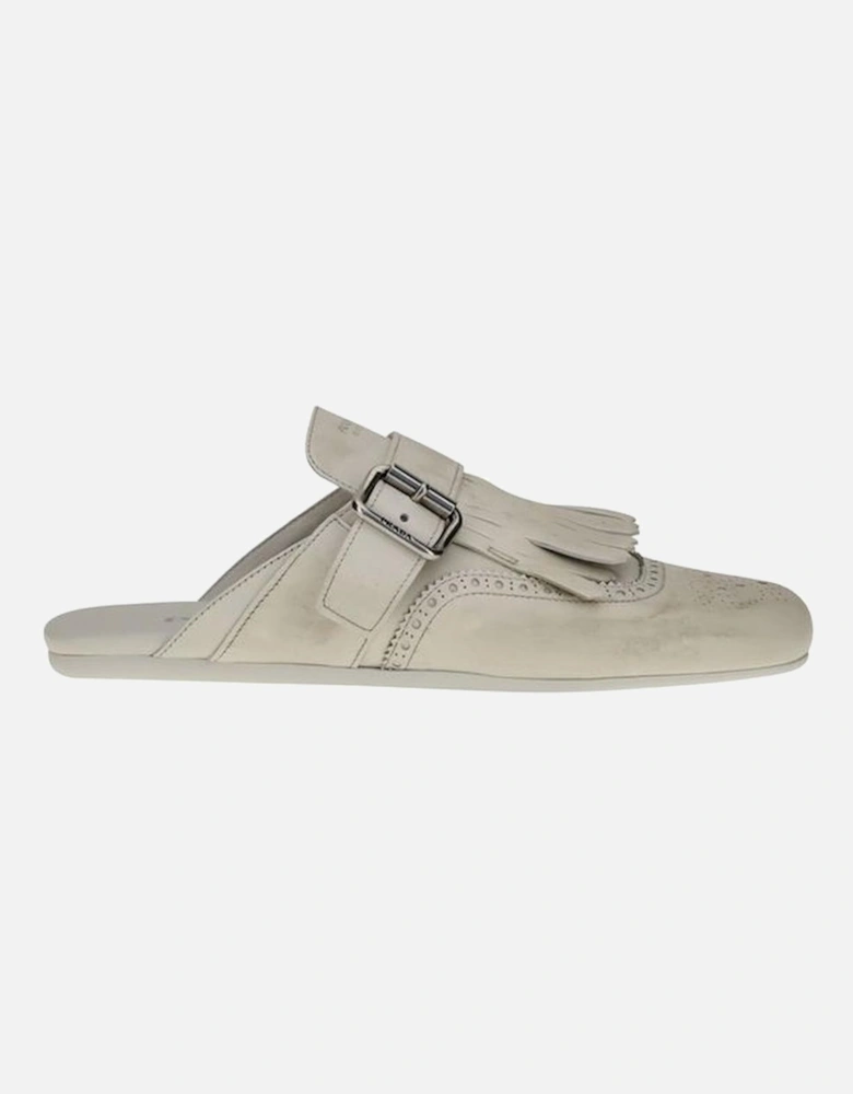 Leather Mules with Buckle and Fringed Detail Women - Gray Sandals