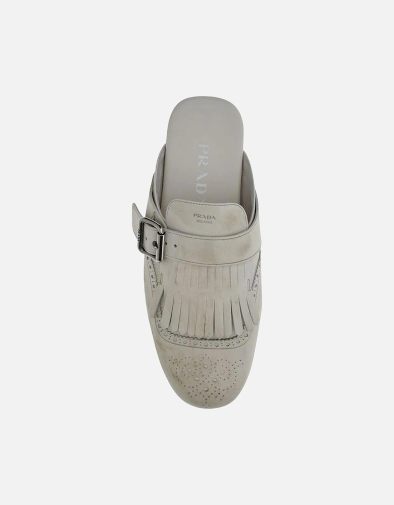 Leather Mules with Buckle and Fringed Detail Women - Gray Sandals