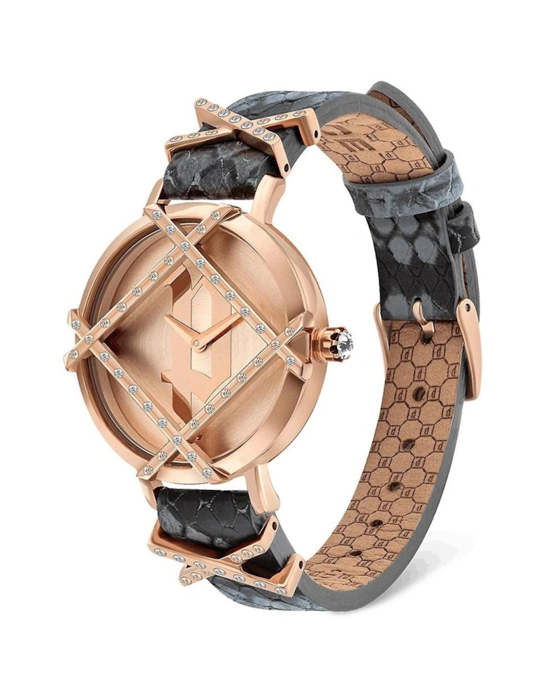 Stainless Steel Quartz Watch with Leather Bracelet Women - Gray