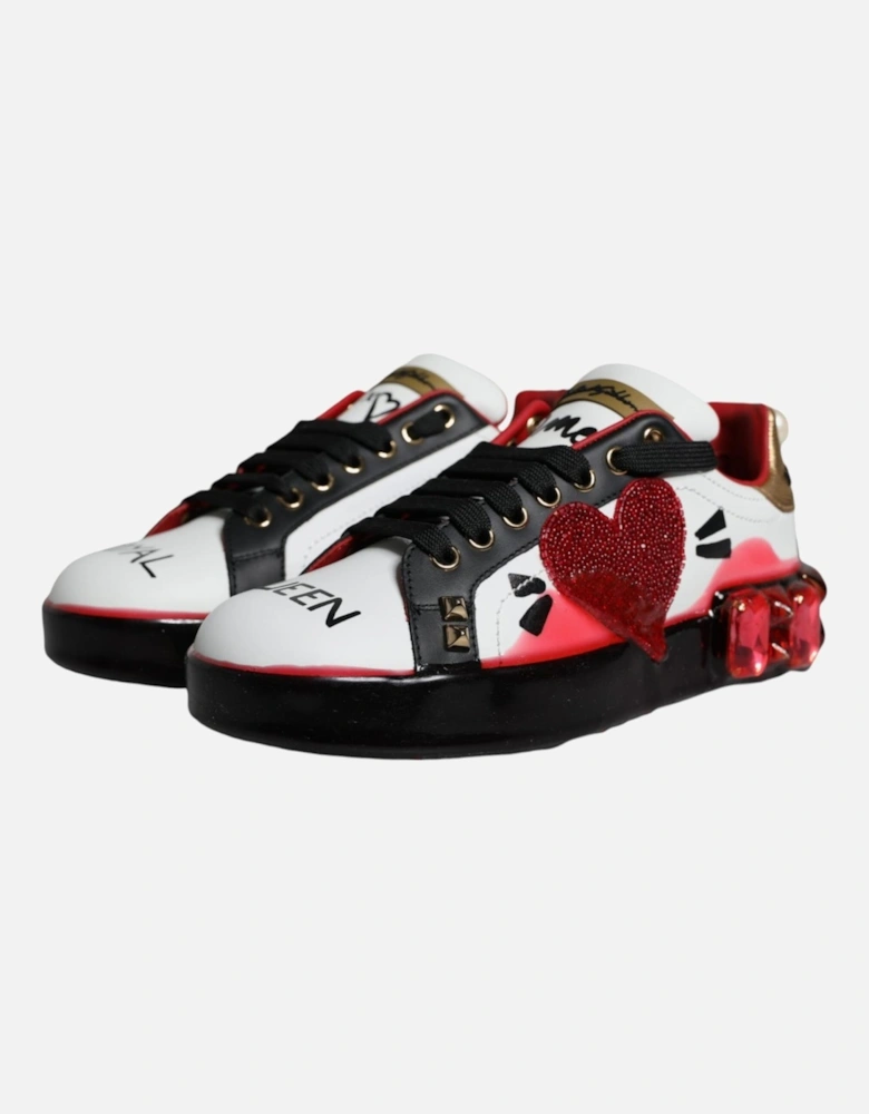 Crystal Embellished Leather Heart Patch Sneakers Women - Black Pumps