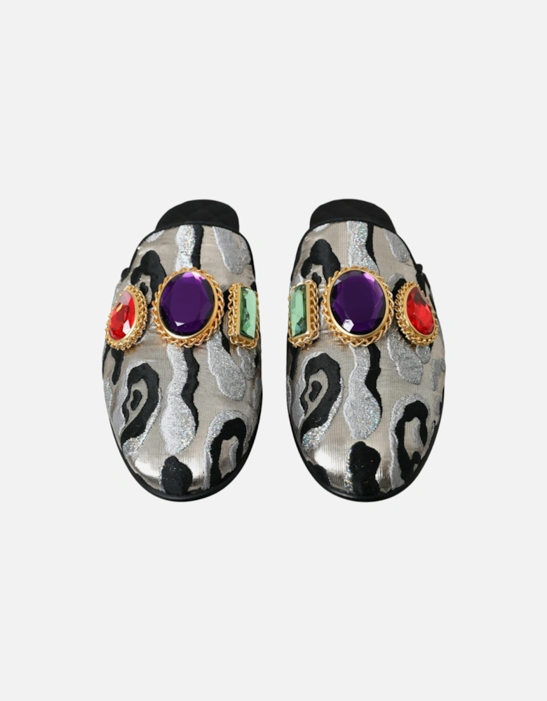 Gray Jacquard Leather Flat Sandals with Embellishments Women - Silver
