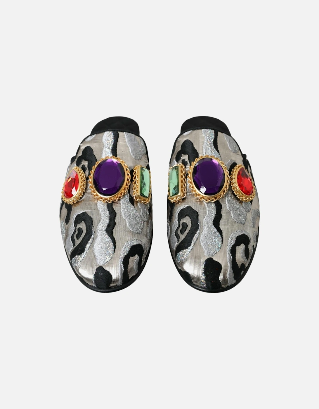 Gray Jacquard Leather Flat Sandals with Embellishments Women - Silver