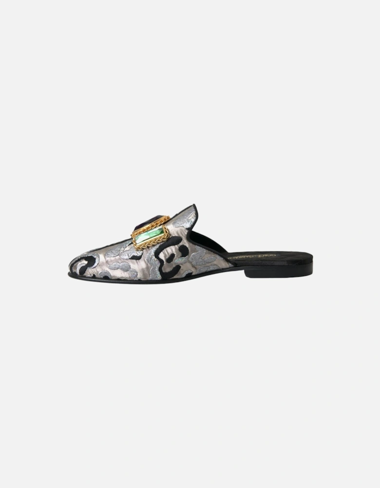 Gray Jacquard Leather Flat Sandals with Embellishments Women - Silver