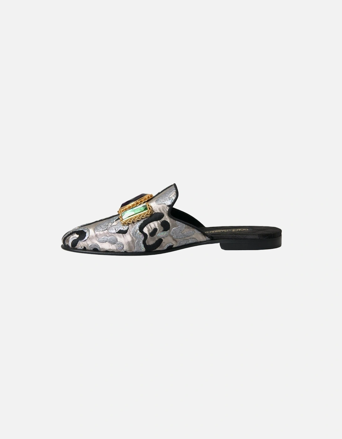Gray Jacquard Leather Flat Sandals with Embellishments Women - Silver
