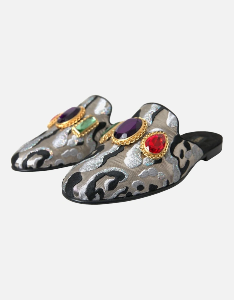 Gray Jacquard Leather Flat Sandals with Embellishments Women - Silver