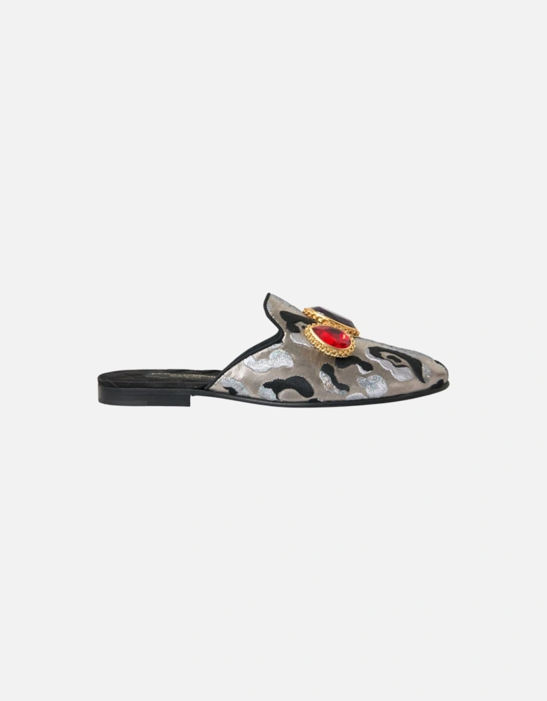 Gray Jacquard Leather Flat Sandals with Embellishments Women - Silver