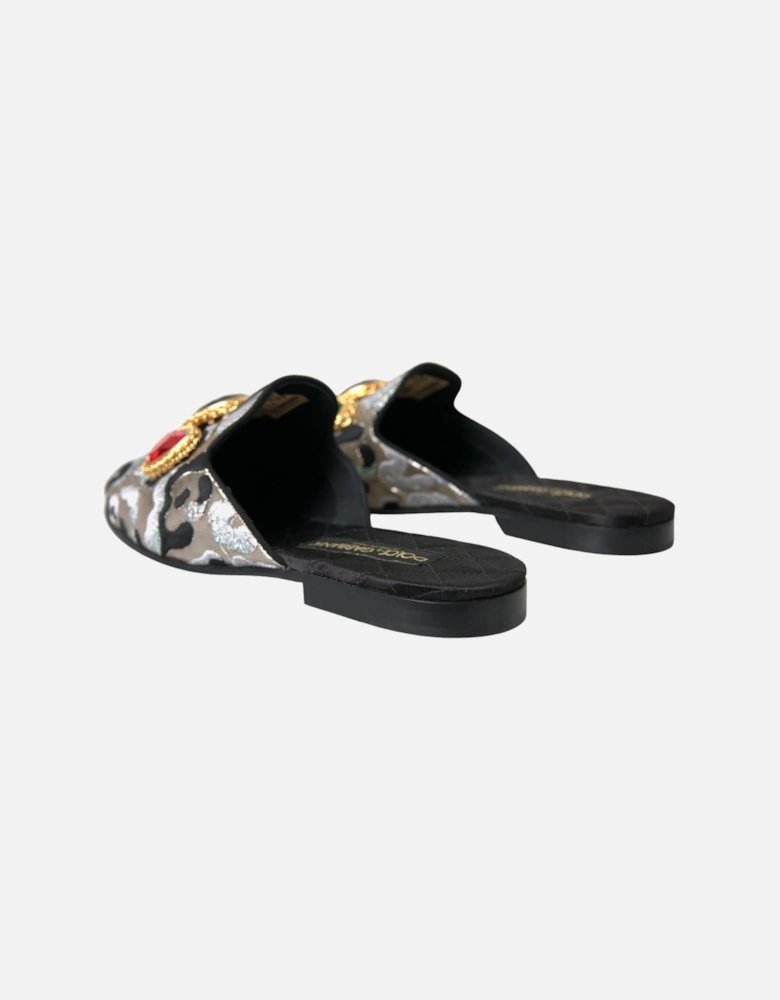 Gray Jacquard Leather Flat Sandals with Embellishments Women - Silver