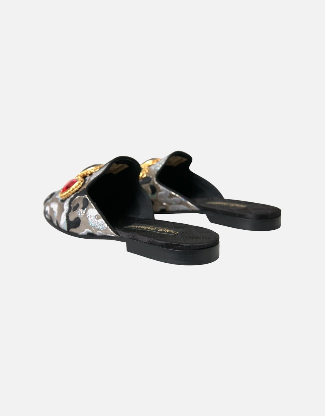 Gray Jacquard Leather Flat Sandals with Embellishments Women - Silver