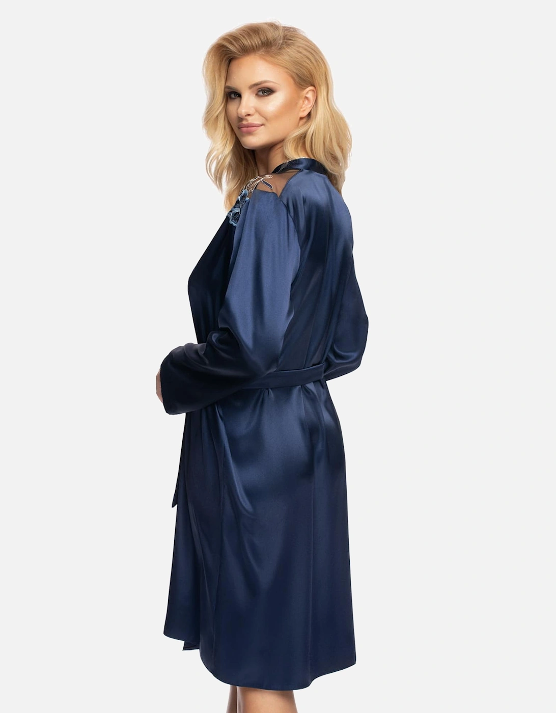 Luxury Robe Lace Satin by Women - Blue