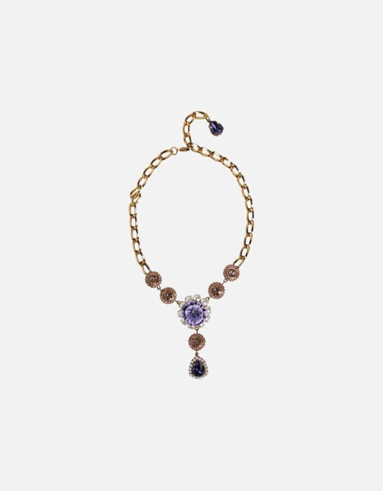 Gold Brass Crystal Pearl Pendant Necklace Women Miscellaneous Jewelry