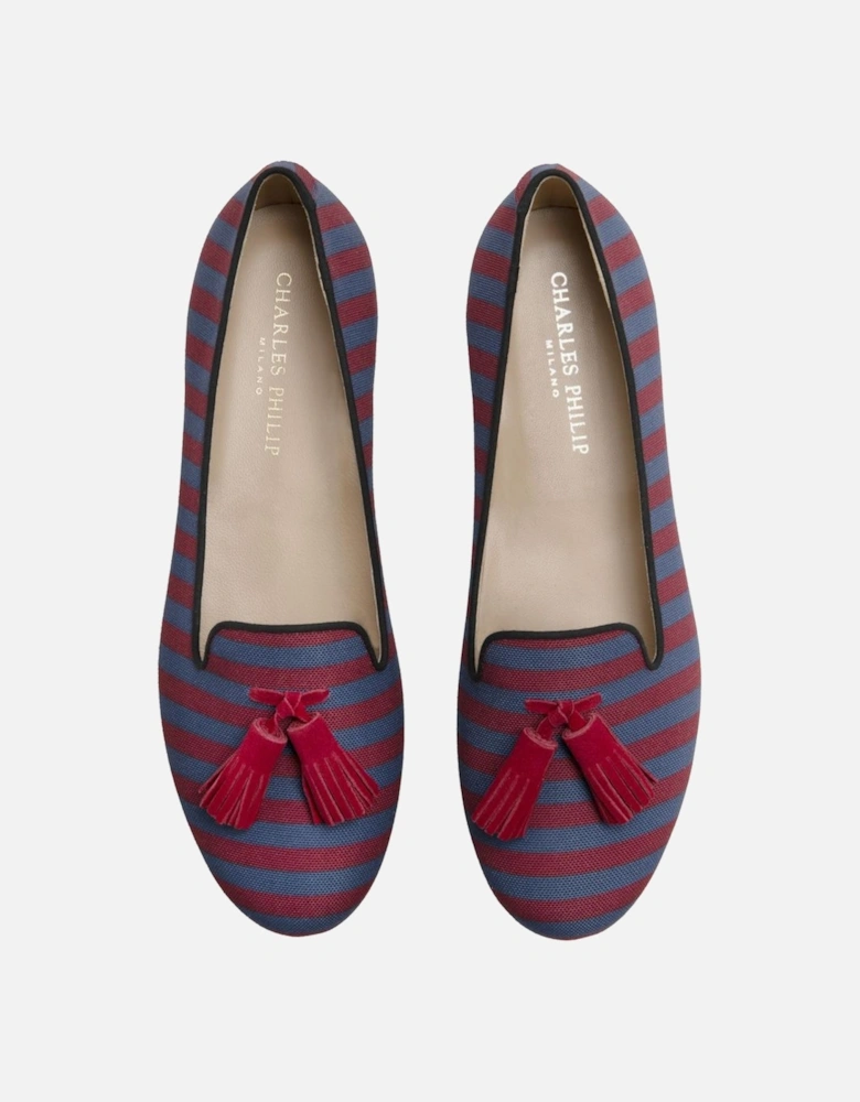 Striped Tassel Moccasins with Leather Detailing Women - Red Flat Shoes