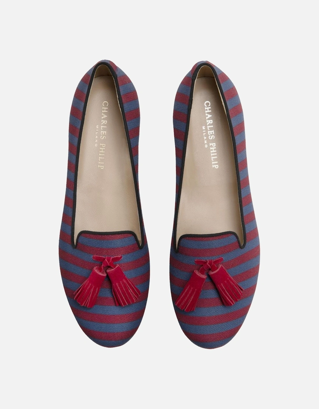 Striped Tassel Moccasins with Leather Detailing Women - Red Flat Shoes