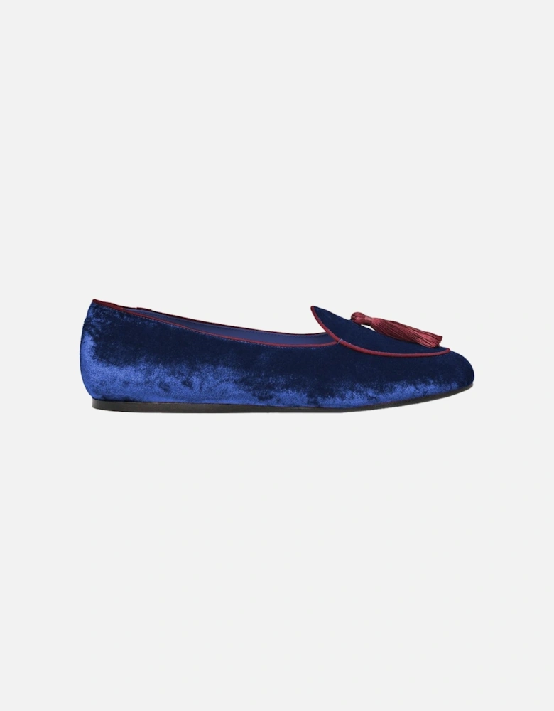 Velvet Moccasins with Cotton Tuft and Red Edge Women - Blue Flat Shoes