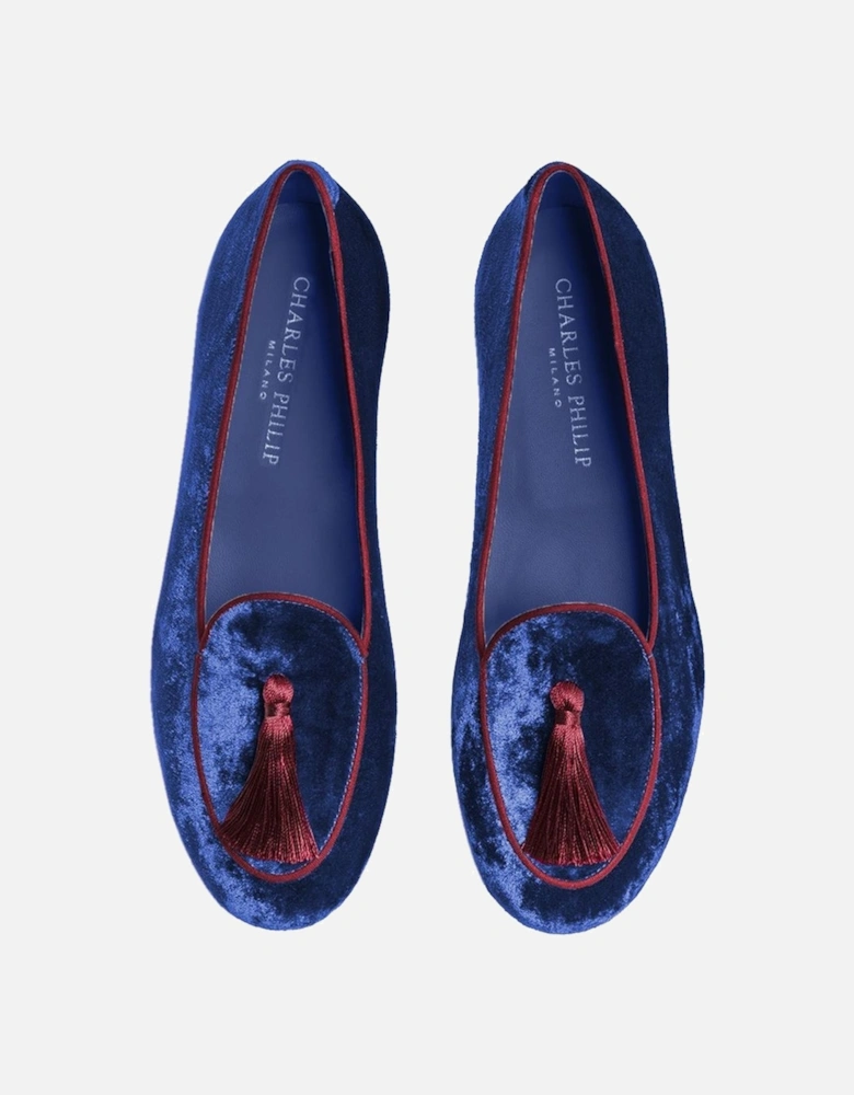 Velvet Moccasins with Cotton Tuft and Red Edge Women - Blue Flat Shoes