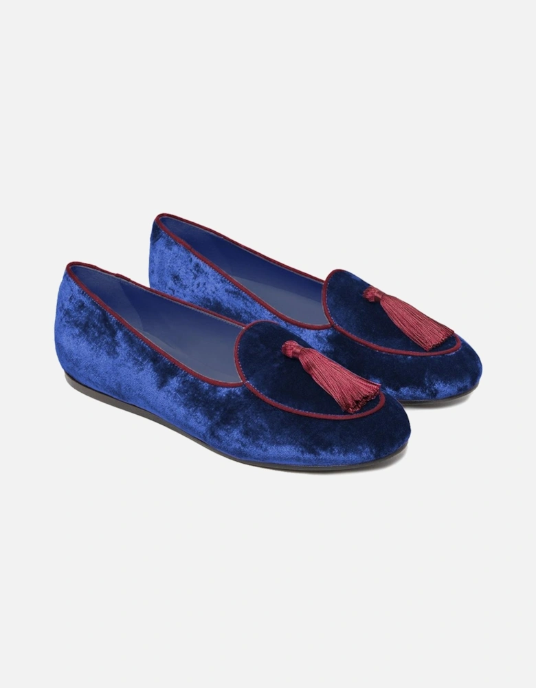 Velvet Moccasins with Cotton Tuft and Red Edge Women - Blue Flat Shoes
