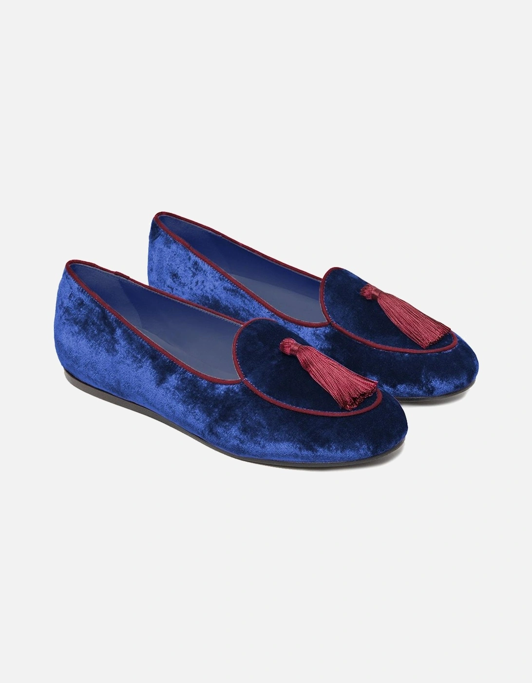 Velvet Moccasins with Cotton Tuft and Red Edge Women - Blue Flat Shoes
