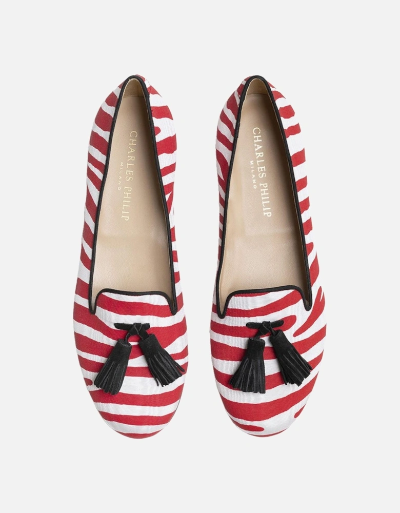 Striped Zebra Print Tassel Moccasins Women - Red Flat Shoes