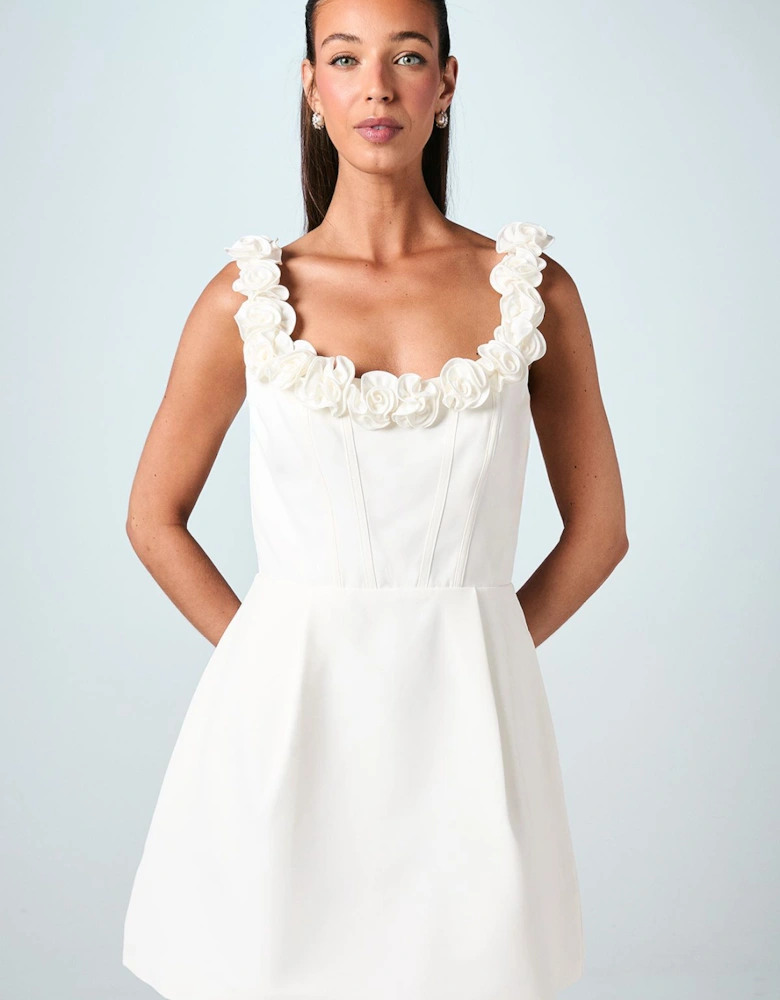 Square Neck 3D Flower Crepe Bridal Mini Dress
