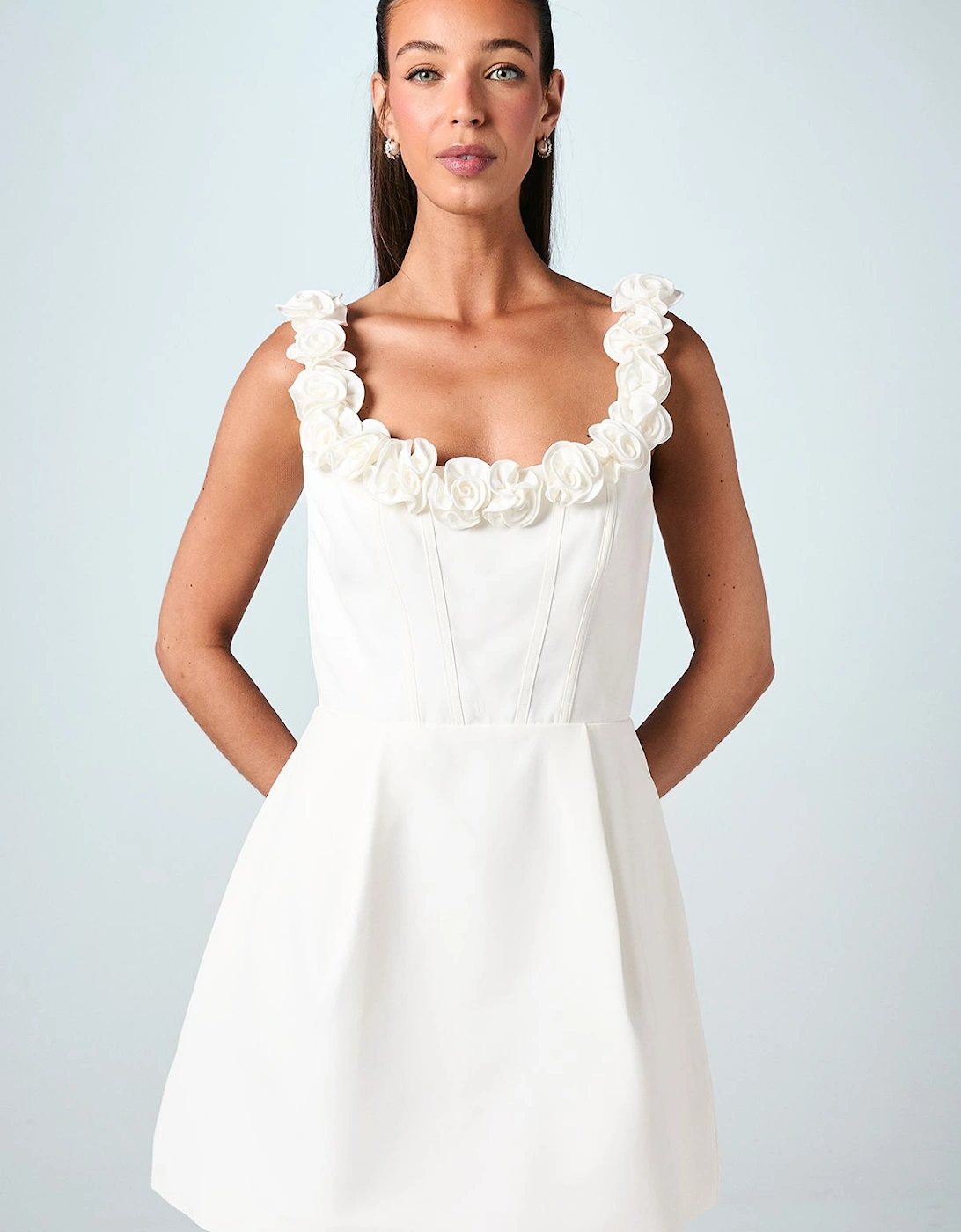 Square Neck 3D Flower Crepe Bridal Mini Dress, 2 of 1