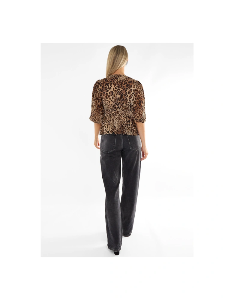 Brown Animal Print V Neck Peplum Blouse