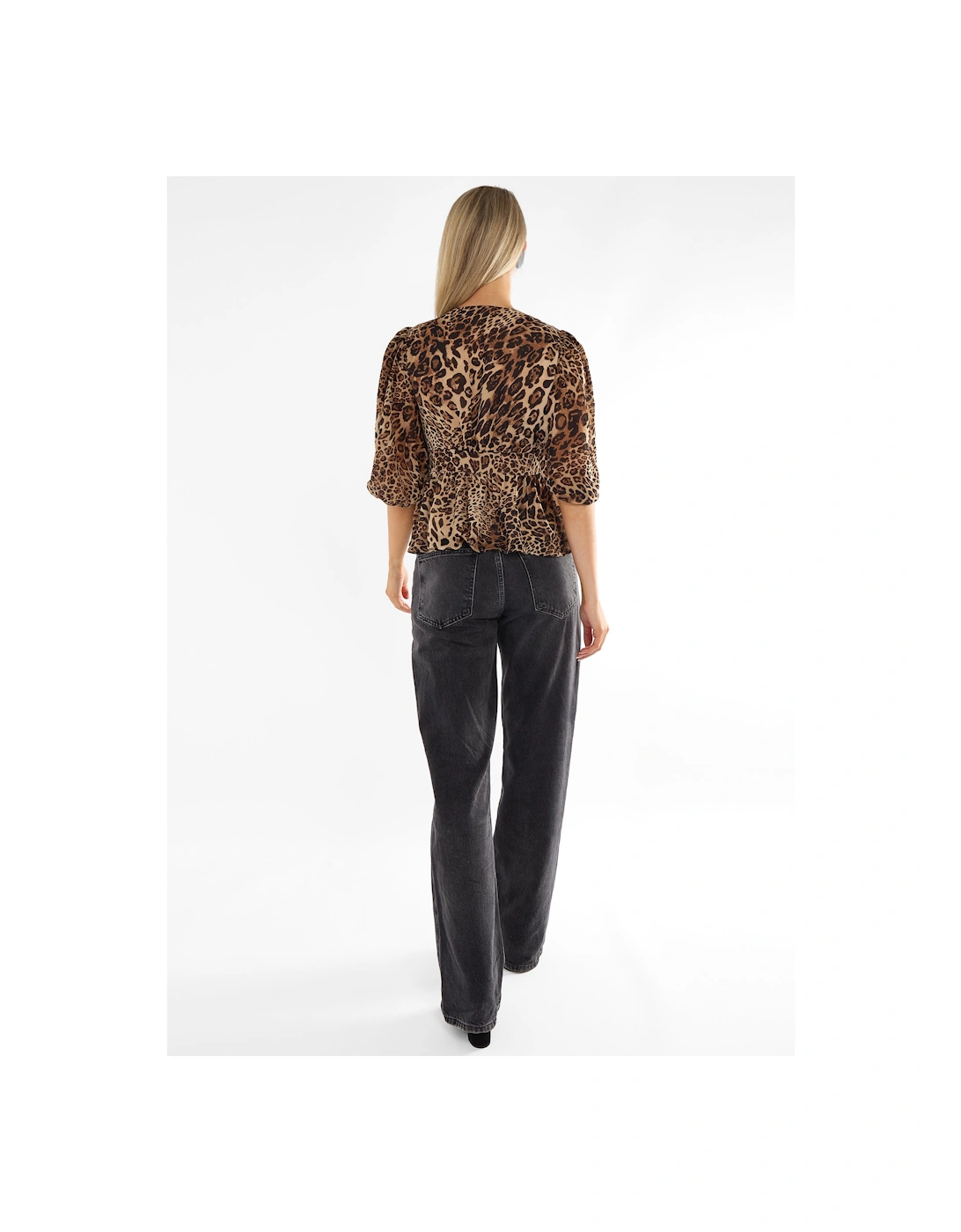 Brown Animal Print V Neck Peplum Blouse