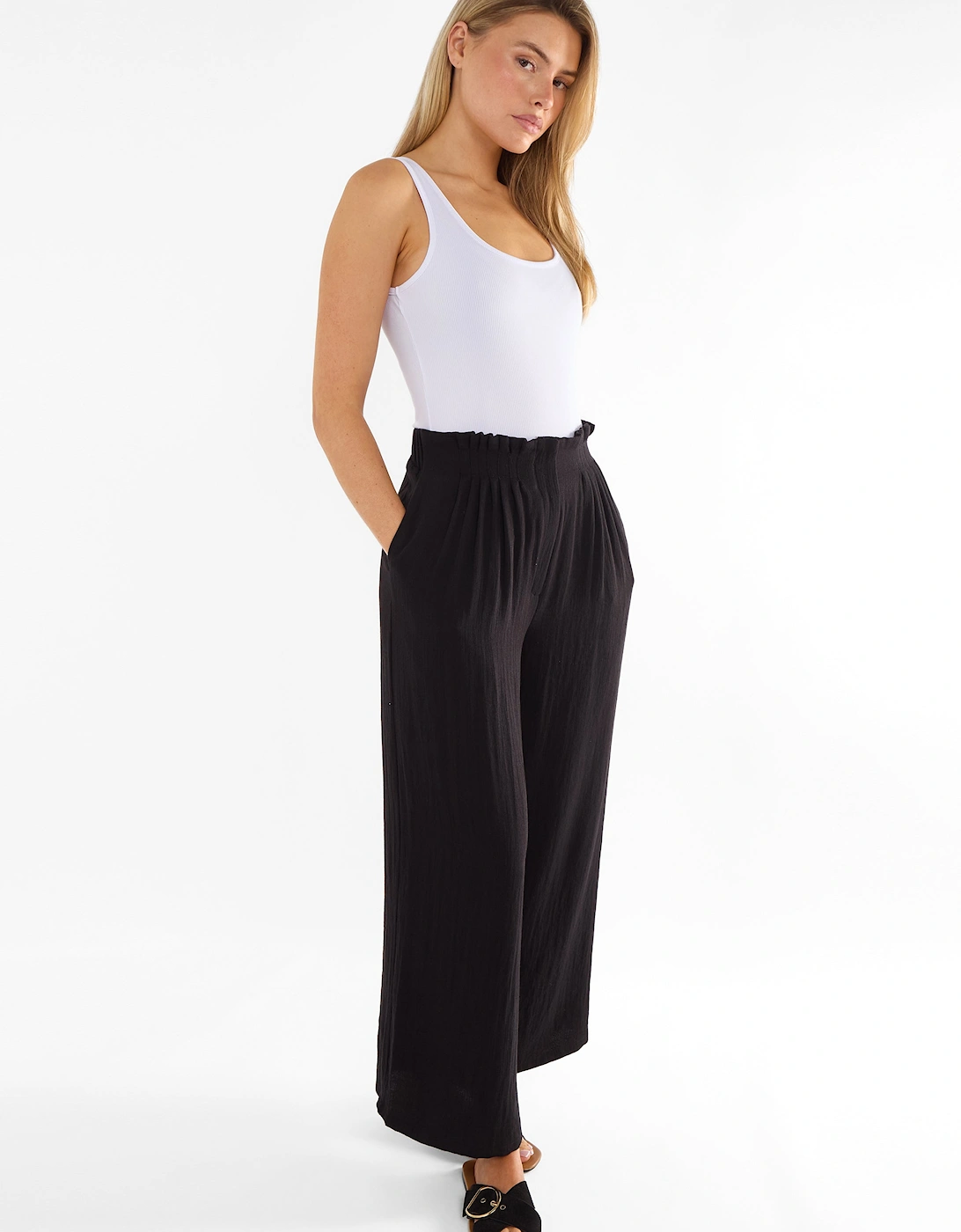 Black Paperbag Waist Wide Leg Trousers