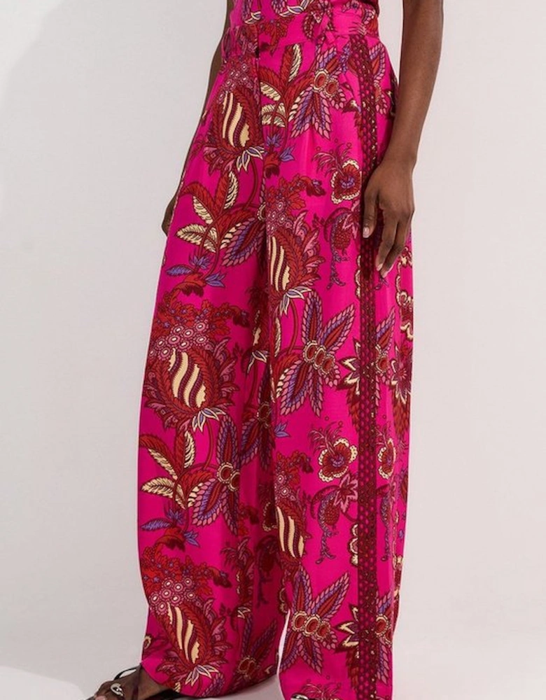 Viscose Floral Print Linen Lace Trim Insert Woven Trouser