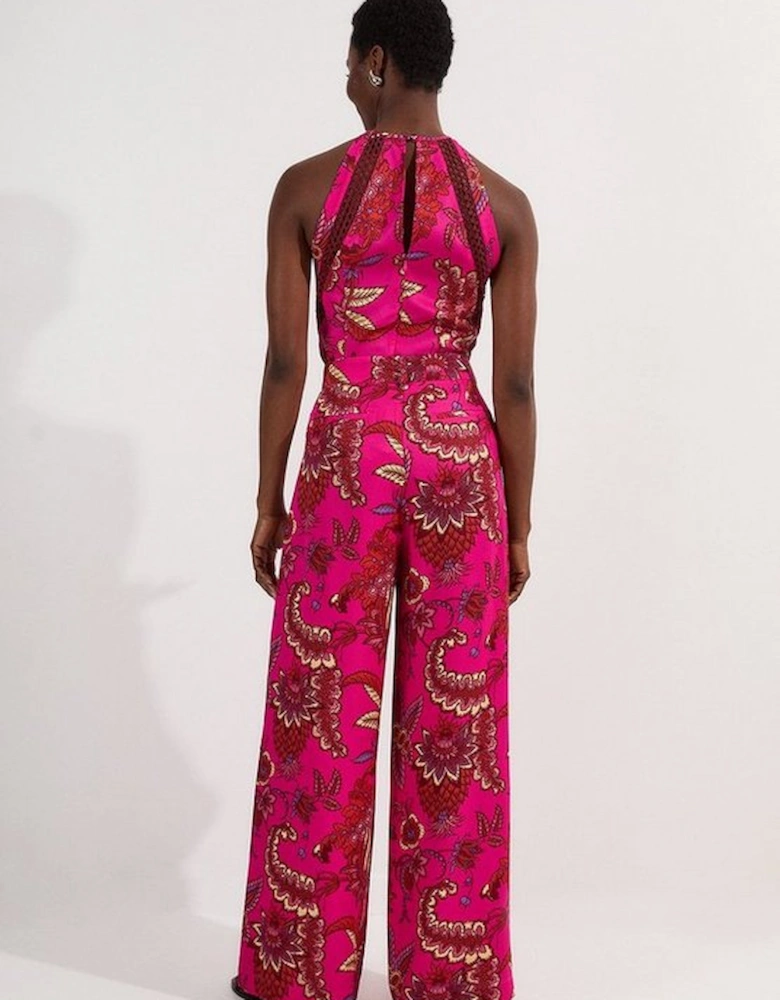 Viscose Floral Print Linen Lace Trim Insert Woven Trouser
