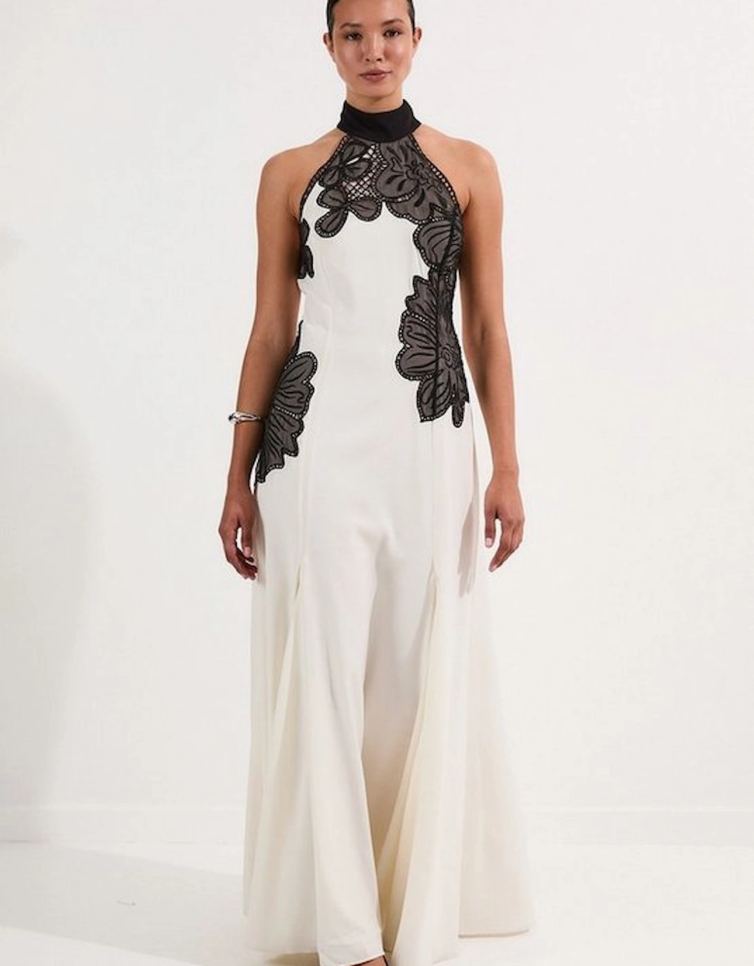 Embroidered Applique Crepe Halter Woven Maxi Dress, 4 of 3