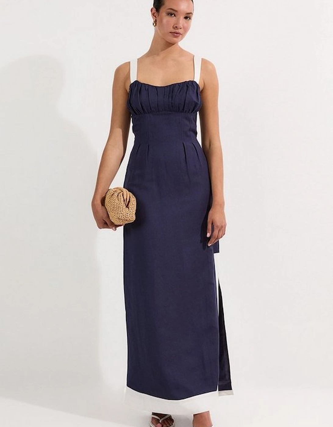 Linen Viscose Colour Block Strappy Woven Midi Dress, 4 of 3